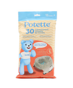 Opakowanie Wkłady jednorazowe do nocnika Potette, 30 szt., z niebieską maskotką misia i zdjęciem nocnika na jasnoniebieskim i beżowym opakowaniu. Polski tekst wskazuje 30 wkładek dla dzieci w wieku 15+ miesięcy.