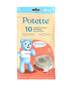 Opakowanie Wkłady jednorazowe do nocnika Potette, 10 szt., dla dzieci w wieku 15+ miesięcy, w pomarańczowo-beżowym opakowaniu z niebieską maskotką misia, polskim tekstem i ilustracją wkładki do nocnika.