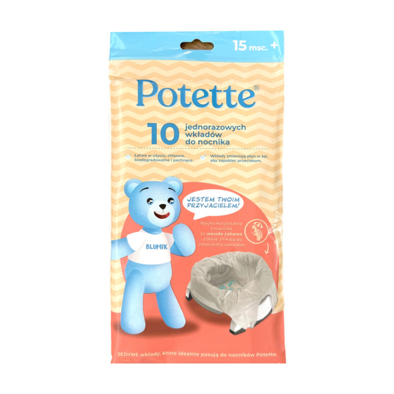 Opakowanie Wkłady jednorazowe do nocnika Potette, 10 szt., dla dzieci w wieku 15+ miesięcy, w pomarańczowo-beżowym opakowaniu z niebieską maskotką misia, polskim tekstem i ilustracją wkładki do nocnika.