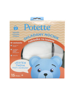 Potette 2w1: Nocnik dla dziecka i nakładka na toaletę w kolorze biało-szarym w beżowym opakowaniu z niebieskim misiem, polskim napisem podkreślającym kompaktowość i 15 szt. dla wieku 15+ miesięcy oraz przezroczystym okienkiem pokazującym produkt w środku.