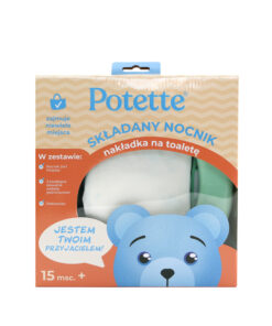 The Potette 2w1: Nocnik dla dziecka i nakładka na toaletę, miętowo-biały jest w beżowym opakowaniu z niebieską ilustracją misia na dole i ma widoczne części nocnika przez przezroczyste okienko. Dla dzieci powyżej 15 miesiąca życia.