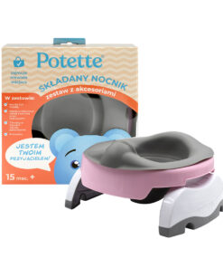 A różowo-biały, składany nocnik Potette: Zestaw wielofunkcyjny z akcesoriami stoi przed opakowaniem z nazwą marki i niebieskim misiem. Opis po polsku podkreśla funkcje dla dzieci od 15 miesięcy.