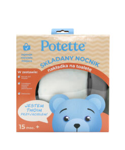 Potette 2w1: Nocnik dla dziecka i nakładka na toaletę, szaro-biały znajduje się w opakowaniu z ilustracją niebieskiego misia, polskim tekstem, przezroczystym okienkiem wyświetlającym białe siedzisko oraz ikonami opisującymi funkcje. Przeznaczony dla dzieci powyżej 15 miesiąca życia.