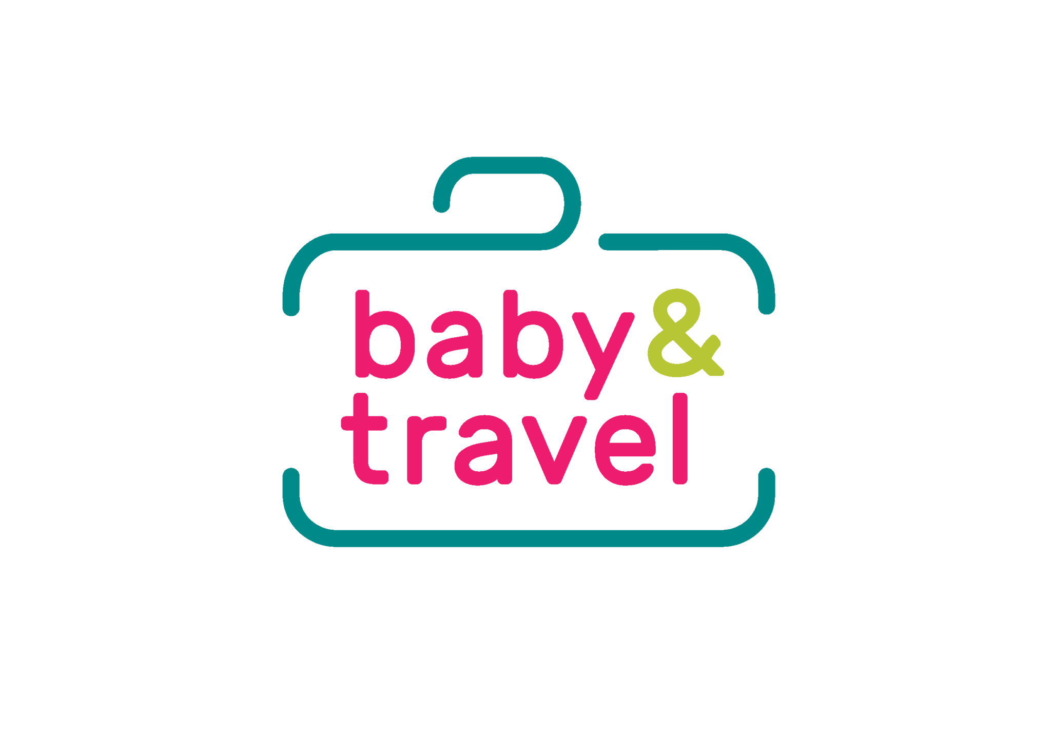 Tło stanowi turkusowy zarys walizki. Wewnątrz wyśrodkowane są słowa "baby & travel"; "baby" i "travel" są napisane pogrubionymi różowymi małymi literami, podczas gdy "&" jest jasnozielone. Tło jest białe.