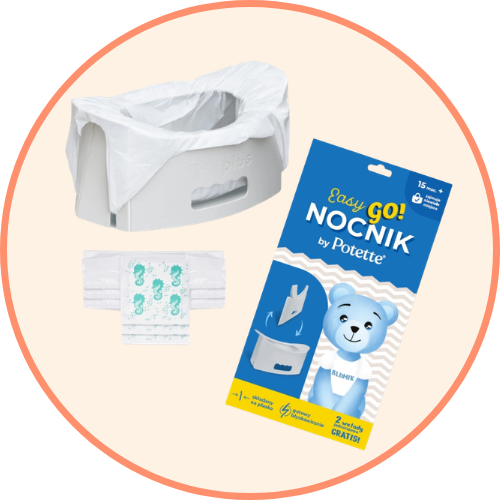nocnik potette easygo, opakowanie nocnika i wkłady jednorazowe do nocnika na brzoskwiniowym tle. Na opakowaniu widnieje napis EasyGo Nocnik by Potette
